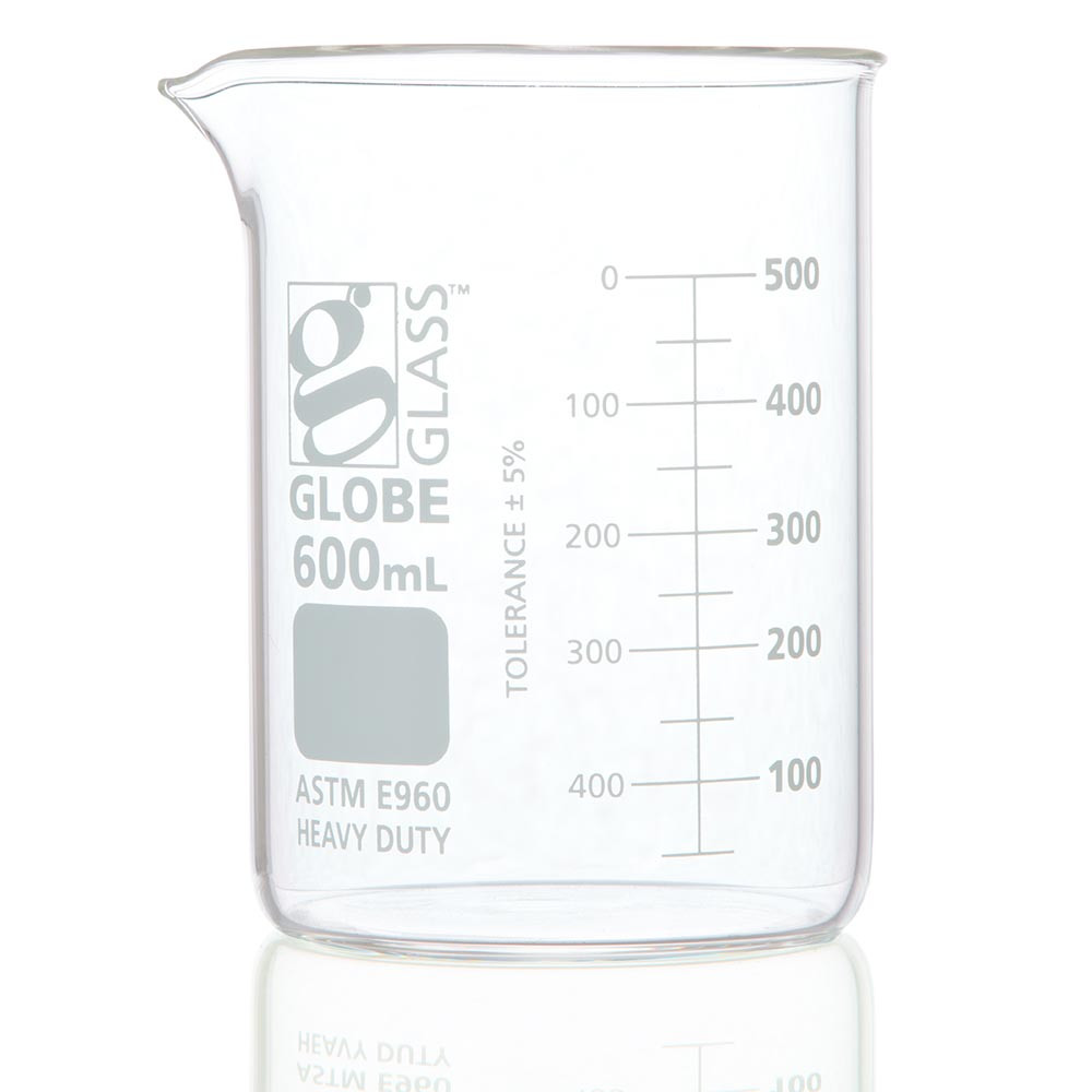 GLOBE SCIENTIFIC BEAKERS Beaker, Globe Glass, 600mL, Low Form Griffin Style, Heavy Duty, Dual Graduations, ASTM E960, 6/bx