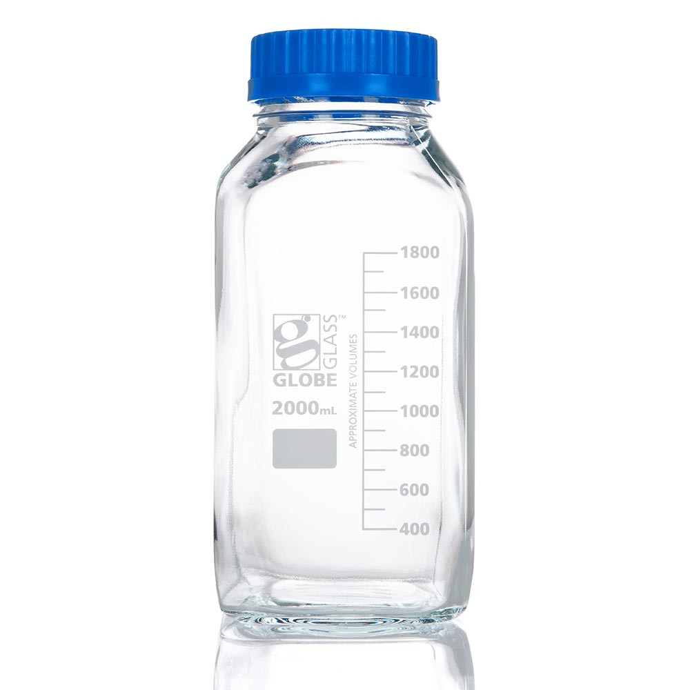 GLOBE SCIENTIFIC GLASS BOTTLE Bottle, Square Media, Wide Mouth, Globe Glass, 2000mL, GL80 Screw Cap, 10/bx