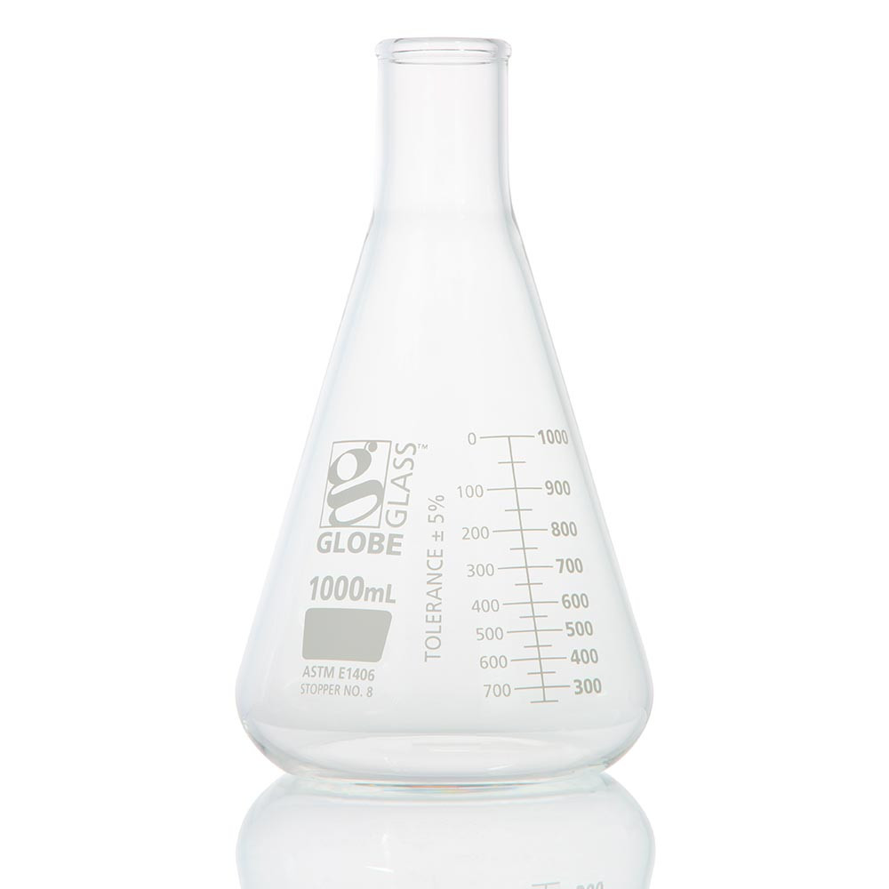 GLOBE SCIENTIFIC GLASS FLASK Flask, Erlenmeyer, Globe Glass, 1000mL, Heavy Duty, Narrow Mouth, Dual Graduations, ASTM E1406, 1/bx (EA=BX)