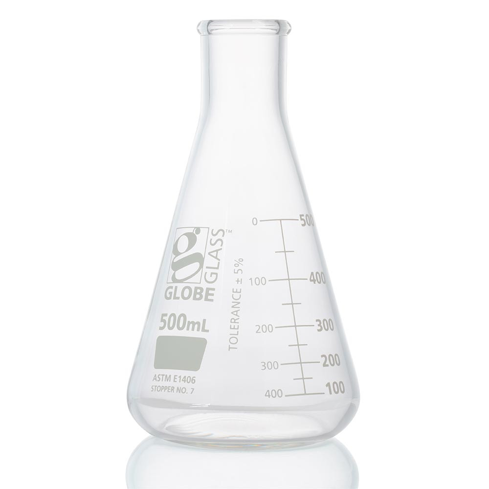 GLOBE SCIENTIFIC GLASS FLASK Flask, Erlenmeyer, Globe Glass, 500mL, Heavy Duty, Narrow Mouth, Dual Graduations, ASTM E1406, 1/bx (EA=BX)