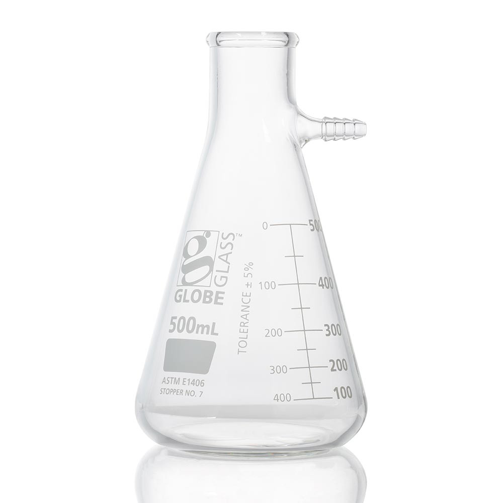 GLOBE SCIENTIFIC GLASS FLASK Flask, Filter, Globe Glass, 500mL, Dual Graduations, ASTM E1406, 6/bx