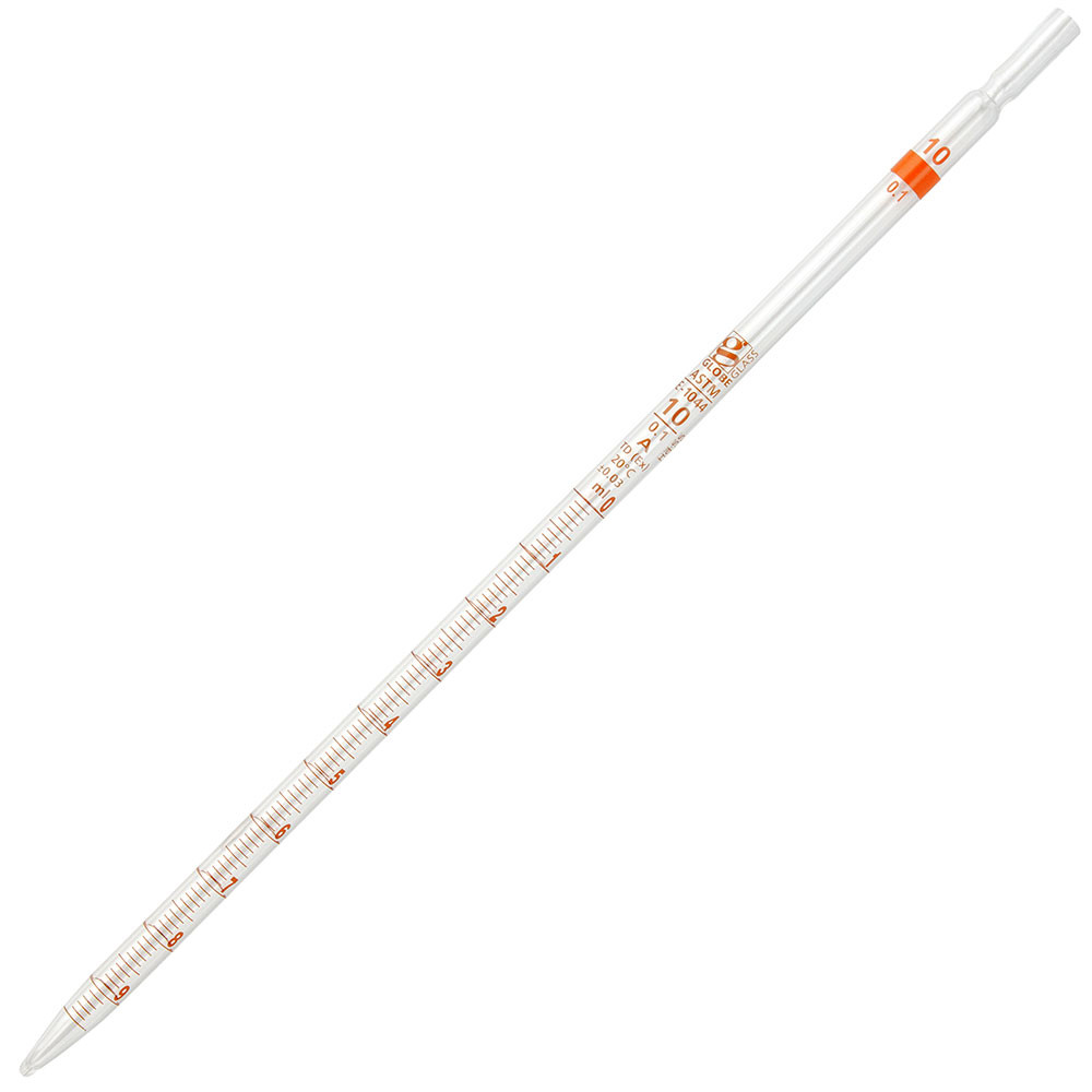 GLOBE SCIENTIFIC GLASS PIPETTE Pipette, Serological, Globe Glass, Reusable, 10mL, Class A, To Deliver (TD), 0.1 Graduations, Orange Band, 6/bx