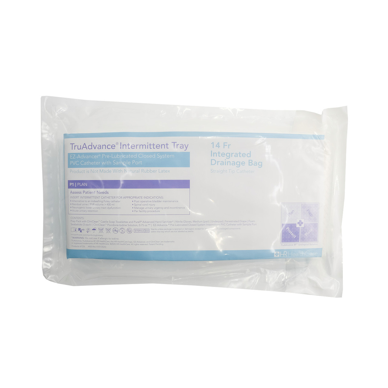 HR® TRUADVANCE™ CLOSED SYSTEM INTERMITTENT CATHETER TRAY Catheter Tray, Intermittent, EZ-Advancer® Closed System PVC Catheter w/Sample Port, 14 Fr, (3) Foam Swabsticks, 0.75 oz. PVP Packet, PrepSafe™ Underpad, Fenestrated Drape, (1 Pr) Medium Nitrile