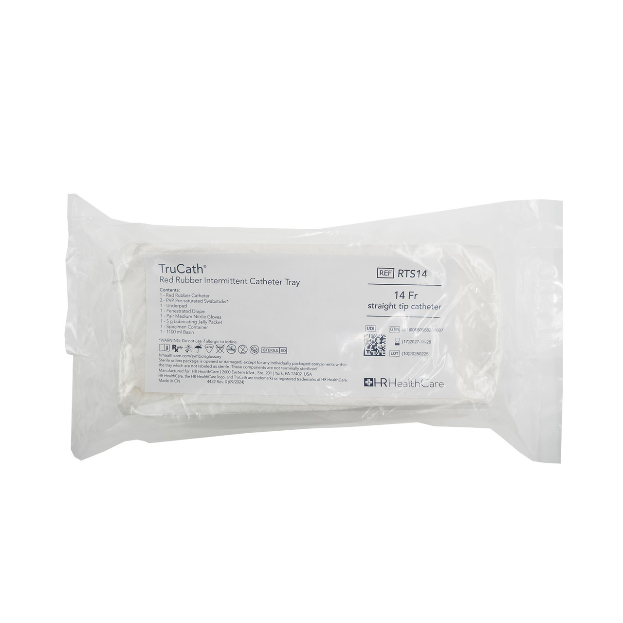 HR® TRUCATH® RED RUBBER INTERMITTENT CATHETER TRAY Catheter Tray, Red Rubber, Intermittent, 14 Fr, (3) PVP Pre-saturated Swabsticks, Underpad, Fenestrated Drape, (1 Pr) Medium Nitrile Gloves, Specimen Container, 5 g Lubricating Jelly Packet, 1100 ml 