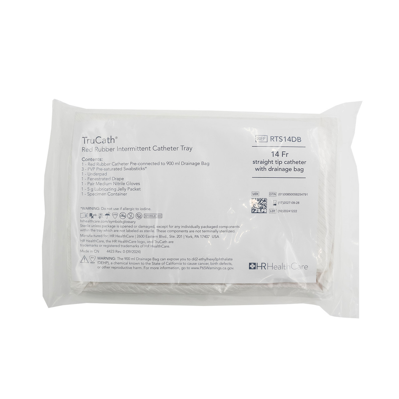HR® TRUCATH® RED RUBBER INTERMITTENT CATHETER TRAY Catheter Tray, Red Rubber, Intermittent, Pre-connected to 900 ml Drainage Bag, 14 Fr, (3) PVP Pre-saturated Swabsticks, Underpad, Fenestrated Drape, (1 Pr) Medium Nitrile Gloves, 5 g Lubricating Jell