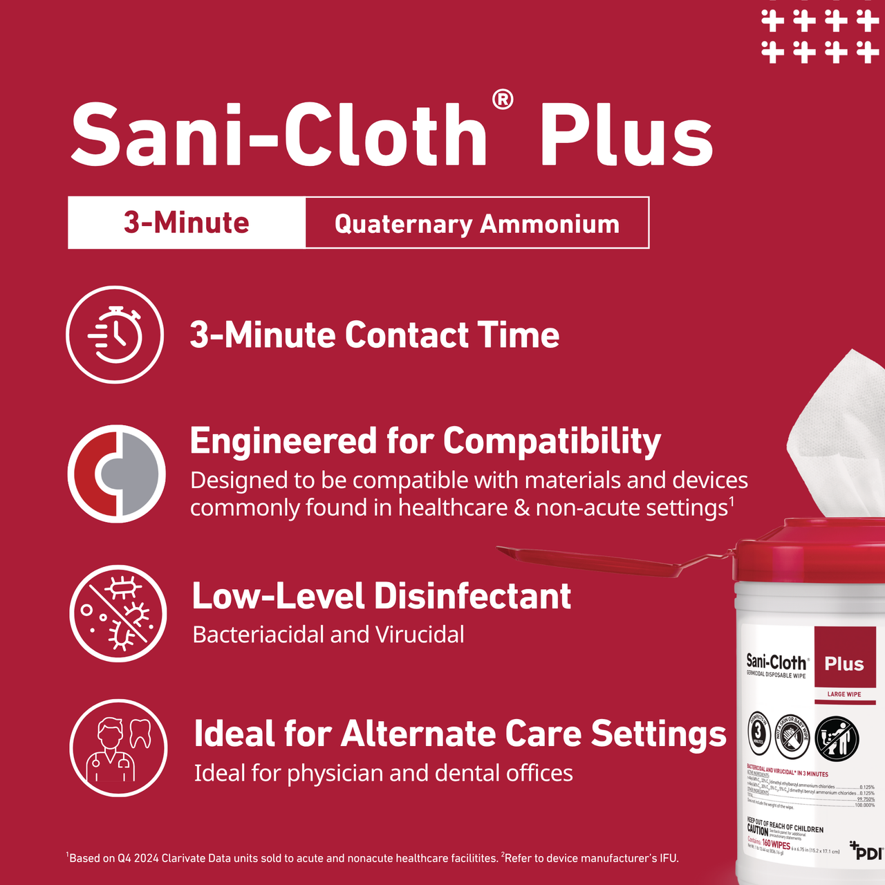 PDI SANI-CLOTH PLUS® GERMICIDAL DISPOSABLE CLOTH Plus Germicidal Disposable Cloth, Large 6" x 6¾", 160/canister, 12 canisters/cs (30 cs/plt) (020370) (US Only) (HAZMAT Fees Apply, cannot ship via Air or to AK, GU, HI, MP, PR, VI)