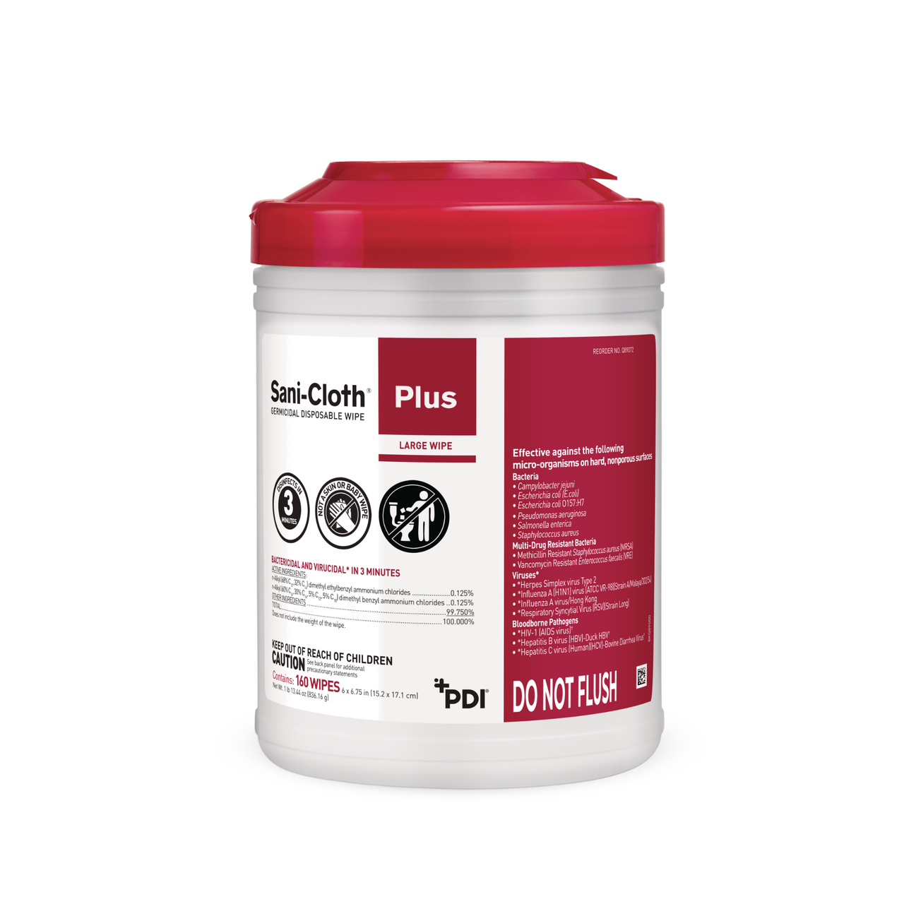 PDI SANI-CLOTH PLUS® GERMICIDAL DISPOSABLE CLOTH Plus Germicidal Disposable Cloth, Large 6" x 6¾", 160/canister, 12 canisters/cs (30 cs/plt) (020370) (US Only) (HAZMAT Fees Apply, cannot ship via Air or to AK, GU, HI, MP, PR, VI)
