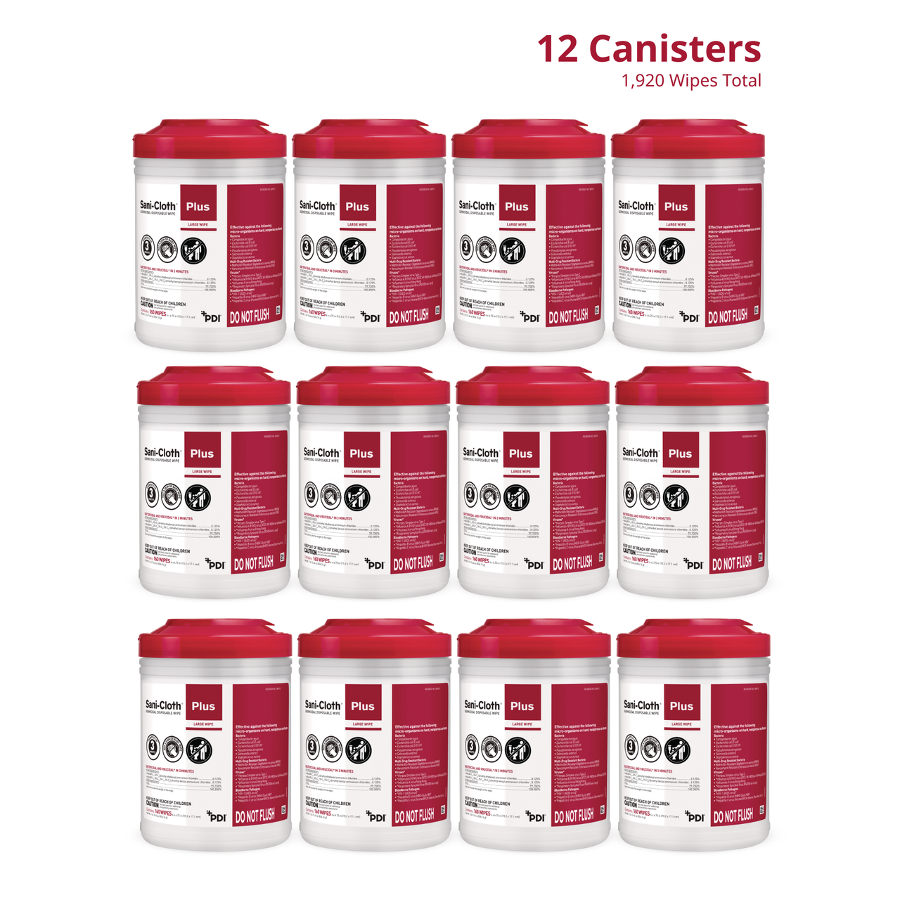 PDI SANI-CLOTH PLUS® GERMICIDAL DISPOSABLE CLOTH Plus Germicidal Disposable Cloth, Large 6" x 6¾", 160/canister, 12 canisters/cs (30 cs/plt) (020370) (US Only) (HAZMAT Fees Apply, cannot ship via Air or to AK, GU, HI, MP, PR, VI)