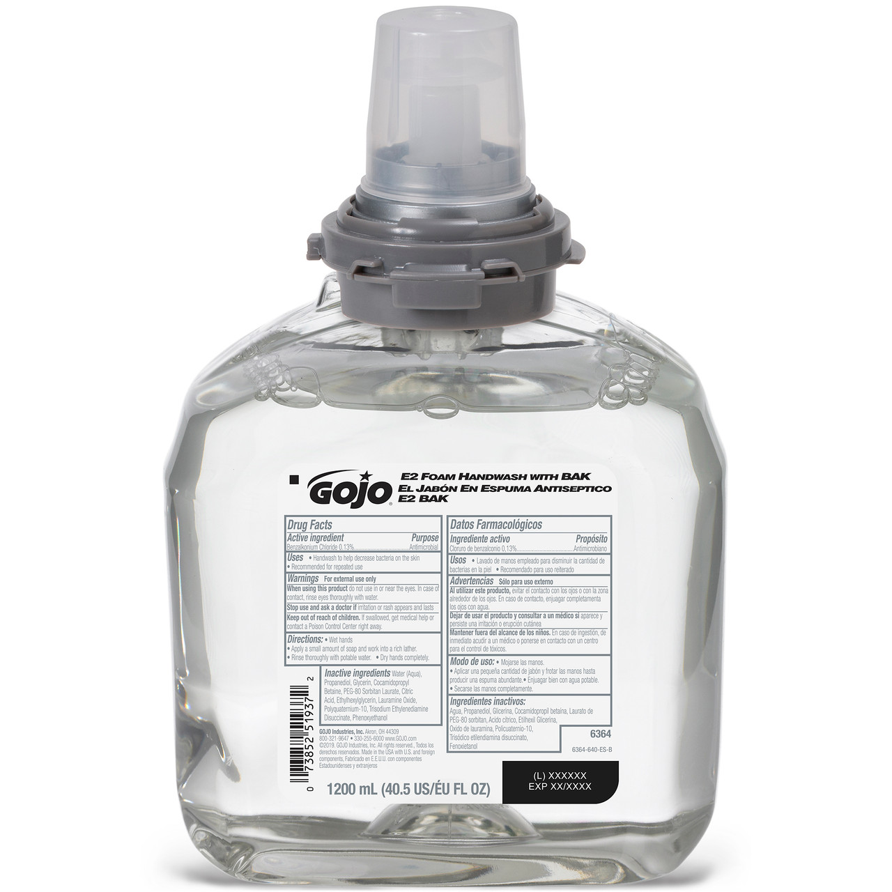 GOJO TFX™ DISPENSER TFX Handwash, for Touch Free Dispenser, 1200ml, E2, Foam, BAK, Clear, 2/cs