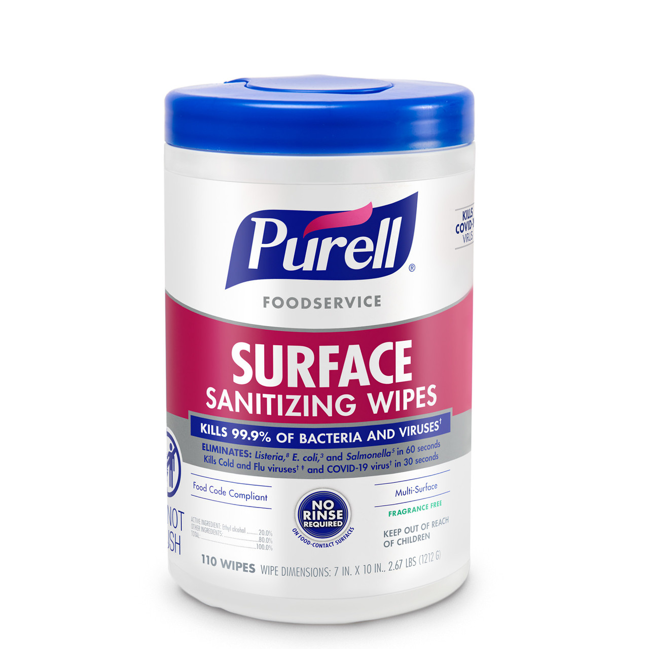 GOJO PURELL™ FOODSERVICE SURFACE SANITIZER Purell® Foodservice Surface Sanitizing Wipes, 7"x10" Wipes, 110ct Canister, 6/ct (HAZMAT Fees Apply, cannot ship via Air or to AK, GU, HI, MP, PR, VI)