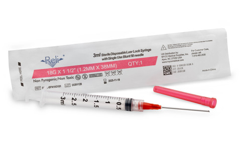 MYCO RELI® BLUNT FILL NEEDLES - Blunt Fill Needle with Syringe, 18g x 1.5", 3 mL Syringe, 100/bx (US Only)