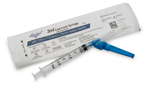 MYCO RELI® SAFETY HYPODERMIC NEEDLE W/ATTACHED SYRINGE - Safety Hypodermic Needle with 1mL Syringe, 25G x 1", Low Dead Space, 100/bx (US Only)