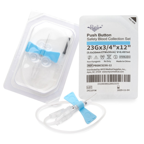 MYCO RELI® SAFETY BLOOD COLLECTION - Push Button Safety Blood Collection Set, 25G x ¾”, 12” Tubing,  50/BX, 4BX/CS (US Only)
