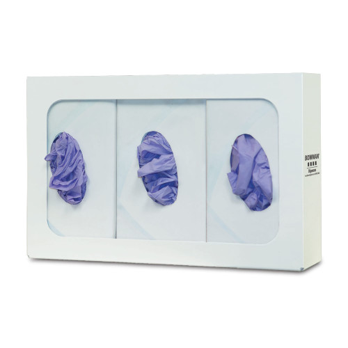 MARKETLAB BOWMAN TRIPLE GLOVE DISPENSERS - Glove Box Dispenser, Triple, Holds Three Boxes of Gloves, Two-Way Keyholes For Vertical or Horizontal Wall Mounting, White Powder Coated Steel, 15 13/16"W x 10"H x 3 13/16"D (Made in USA)