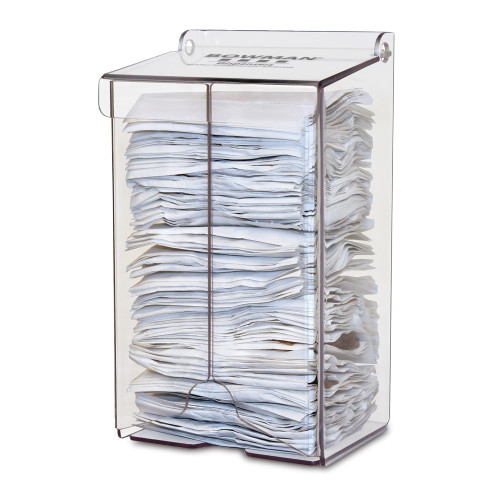 MARKETLAB BOWMAN HAIRNET DISPENSER - Hairnet Dispenser, Holds Individual Hairnets Packages in Bulk Quantity, Hinged Lid, Keyholes For Wall Mounting or Counter Positioning, Clear PETG Plastic, 4 7/16"W x 8"H x 3 15/16"D (Made in USA)