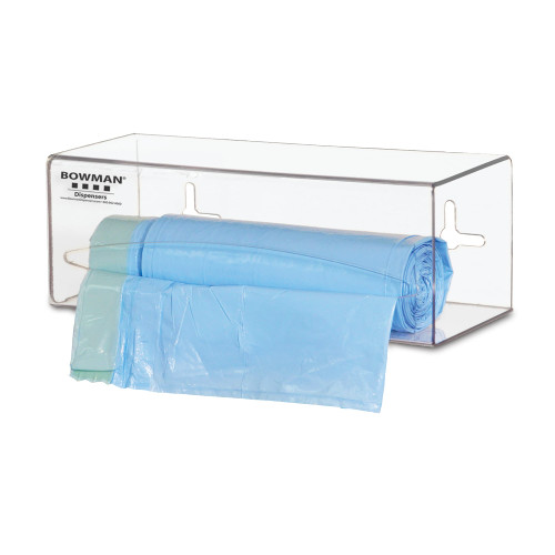MARKETLAB BOWMAN BAG DISPENSERS - Bag Dispenser, Single, Holds One Roll of Bags up to 9" Long, Two-Way Keyholes For Vertical Or Horizontal Wall Mounting, Clear PETG Plastic, 10 1/8"W x 3 5/8"H x 3 15/16"D (Made in USA)