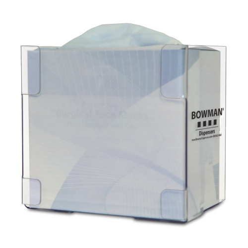 MARKETLAB BOWMAN FACE MASK DISPENSERS - Face Mask Dispenser, Tie Style, Holds One Box of Tie Style Face Masks, Two Sets of Keyholes For Dual Position Wall Mounting, Clear PETG Plastic, 8 1/16"W x 7 5/8"H x 5 9/16"D (Made in USA)