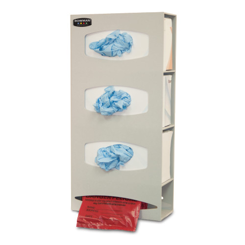 MARKETLAB BOWMAN PROTECTION ORGANIZER - Triple Glove & Single Roll Bag Dispenser, Holds Three Boxes of Gloves & One Roll of Bags (Up to 9"L), Keyholes For Wall Mounting, Quartz ABS Plastic, 10 1/8"W x 20 3/8"H x 3 15/16"D (Made in USA)