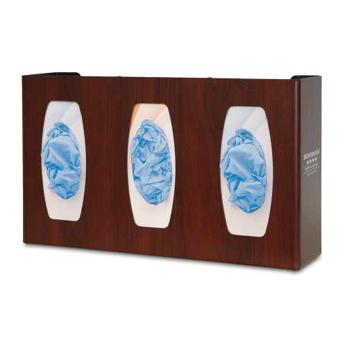 MARKETLAB BOWMAN GLOVE BOX DISPENSERS - Glove Box Dispenser, Triple with Dividers, Holds 3 Boxes of Gloves, Three-Way Keyholes For Vertical or Horizontal Wall Mounting, Cherry Fauxwood ABS Plastic