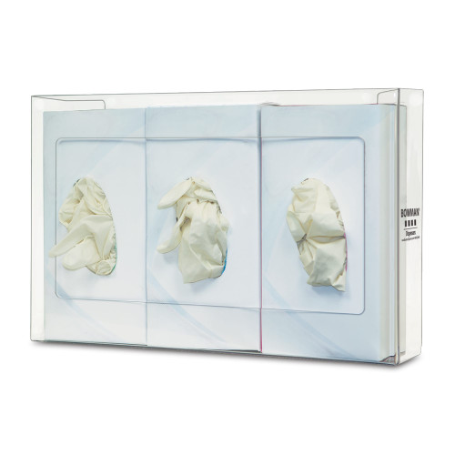 MARKETLAB BOWMAN GLOVE BOX DISPENSERS - Glove Box Dispenser, Triple, Narrow, Holds 3 Thin Boxes of Gloves, Three-Way Keyholes For Vertical or Horizontal Wall Mounting, Clear PETG Plastic