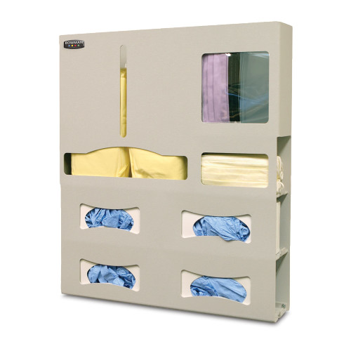 MARKETLAB BOWMAN PROTECTION ORGANIZER - Protection System, Quad Glove, 4" Deep Holds a Variety of Gowns, Four Boxes of Gloves, Earloop Face Masks, Face Shields 4" depth, Keyholes For Wall Mounting, Quartz Beige ABS plastic