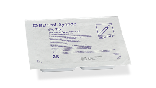 BD Syringe, 1mL, Luer Slip Tip, Sterile Convenience Tray Pack, Latex Free (LF), 25 tray/pk, 12 pk/cs (Continental US Only)