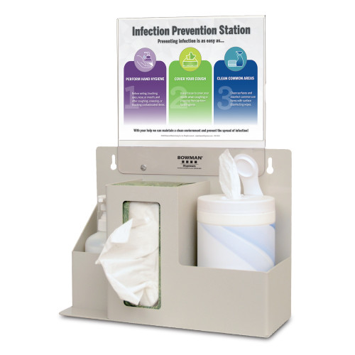 MARKETLAB BOWMAN INFECTION PREVENTION ORGANIZER/STATION - Infection Prevention Organizer, Holds (1-2) Boxes of Tissue or (1) Box of Gloves, (1) Hand Sanitizer Bottle & a Variety of Sizes of Wet Wipe Canisters, 11"W x 8½"H Sign Holder (MP-075) Include