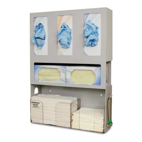MARKETLAB BOWMAN DENTAL ORGANIZERS - Dental Organizer, Holds Three Boxes of Gloves, Two Boxes of Face Masks, Quarter Fold Towels & Patient Bibs, Tabs on Both Sides of Unit to Hang Patient Bib Clips, Keyholes For Wall Mounting, Quartz ABS & Clear PETG
