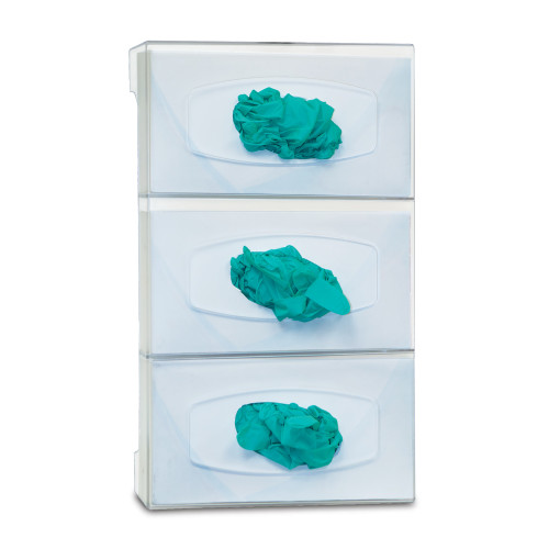 MARKETLAB BOWMAN GLOVE BOX DISPENSERS - Glove Box Dispenser, Triple with Dividers, Holds Three Boxes of Gloves, Three-Way Keyholes For Vertical or Horizontal Wall Mounting, Semi-Transparent, Injection Molded Polycarbonate Plastic, 17 1/16"W x 10 1/8"