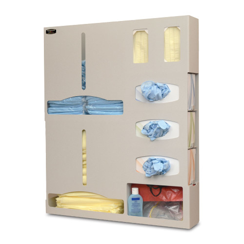 MARKETLAB BOWMAN PROTECTION ORGANIZER - Protection Organizer, Holds a Variety of Gowns in Two Compartments, Two Boxes of Earloop Masks & Storage Shelf to Hold a Variety of Medical Supplies, Keyholes For Wall Mounting, Door Hanger Cut-Out, Quartz ABS 