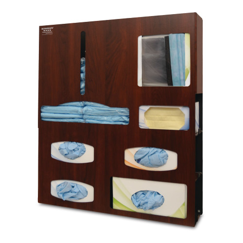 MARKETLAB BOWMAN PROTECTION ORGANIZER - Protection System, Two Sections Hold Variety of Gowns, 3 Boxes of Gloves, One Box of Earloop Face Mask, One Box of Shield Style Face Mask & Storage Shelf, Keyholes For Wall Mounting & Door Hanger Cut Out, Cherr