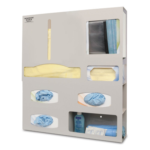 MARKETLAB BOWMAN PROTECTION ORGANIZER - Protection System, Holds Variety of Gowns, 3 Boxes of Gloves, One Box of Earloop Face Mask, One Box of Shield-Style Face Masks, and Built-in Storage Area, Keyholes For Wall Mounting or Door Hanger, Powder-Coate