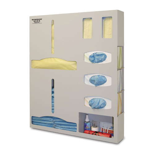 MARKETLAB BOWMAN PROTECTION ORGANIZER - Protection System - Double GownHolds a Variety Of Gowns In Two Compartments, Three Boxes of Gloves, Two Boxes of Earloop Masks, And a Variety of Medical Supplies In Built-In Storage AreaKeyholes for Wall Mounti