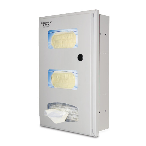 MARKETLAB BOWMAN SEMI-RECESSED FACE MASK & TISSUE DISPENSER - Semi-Recessed Face Mask & Tissue Dispenser, Holds Two Boxes of Face Masks and One Box of Facial Tissues or Gloves, Low Profile, Keyless Locking Mechanism, Screw Holes in Sides to Mount to 