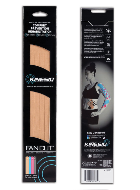 KINESIO TEX  FAN CUTS TAPE - Fan Cuts Tape, 2" (5cm) Wide with Five Separate Tape Tails 12" (30cm) Long, Package Contains Twelve Strips, Assorted Colors (3 each of Beige, Blue, Red, and Black), 10 pk/ctn  (091797)