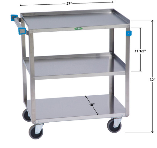 LAKESIDE UTILITY CARTS STAINLESS STEEL ANGLE LEG - Medium Duty Cart, 3 Shelves, 19"W x 31"L x 32"H, 500 lb Capacity, 4" Swivel Casters, 18" x 27" Shelf, 11½" Clearance
