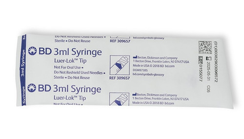 BD Syringe Only, 3mL, Luer-Lok™ Tip, Sterile, Individually Wrapped, 200/bx, 4bx/cs (Continental US Only)