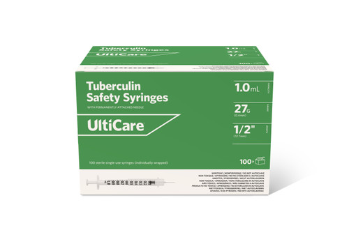 ULTIMED ULTICARE TUBERCULIN SAFETY SYRINGES - Safety Syringe, Fixed Needle, Tuberculin, 1mL, 27G x ½", 100/bx