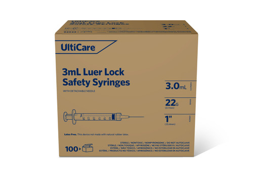 ULTIMED ULTICARE 3ML SAFETY SYRINGE - Safety Syringe, Detachable Needle, 3mL, 22G x 1", 100/bx