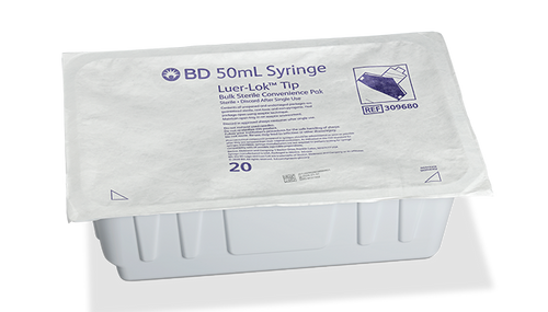 BD Syringe, 50mL, Luer-Lok™ Tip, Sterile Convenience Pack Tray, Latex Free (LF), 20 tray/pk, 6 pk/cs (Continental US Only)