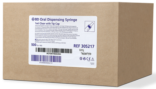BD Oral Syringe, Clear, 1mL, Tip Cap, 100/bg, 5 bg/cs (Continental US Only) - Clear