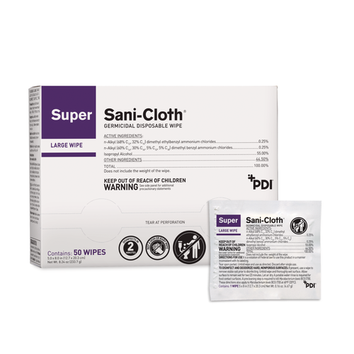 PDI SUPER SANI-CLOTH® GERMICIDAL DISPOSABLE WIPE Germicidal Disposable Wipe, Large, Individual, Boxed, 5" x 8", 50/bx, 10 bx/cs (80 cs/plt) (HAZMAT Fees Apply, cannot ship via Air or to AK, GU, HI, MP, PR, VI) (US Only)