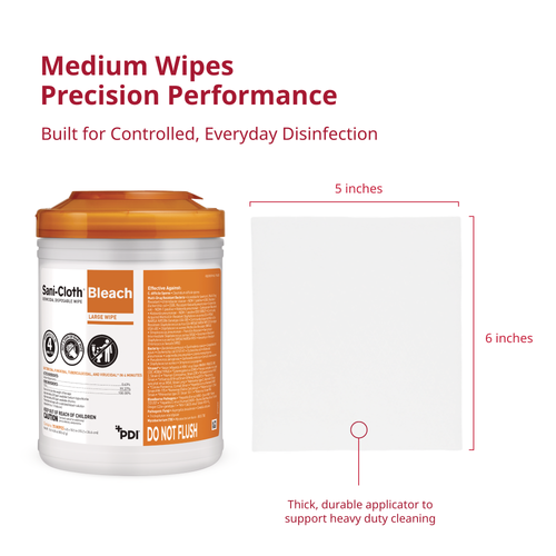 PDI SANI-CLOTH® BLEACH GERMICIDAL DISPOSABLE WIPE Bleach Germicidal Disposable Wipe, Clinical Size, 6" x 5", 160/can, 12 can/cs (30 cs/plt) (US Only)