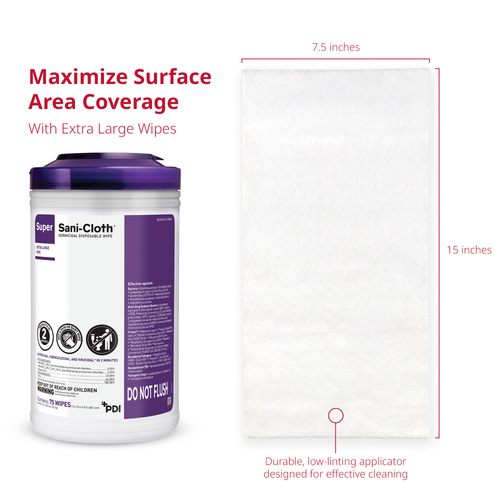 PDI SUPER SANI-CLOTH® GERMICIDAL DISPOSABLE WIPE Germicidal Disposable Wipe, X-Large, 7½" x 15", 75/canister, 6 can/cs (40 cs/pallet) (US Only) (HAZMAT Fees Apply, cannot ship via Air or to AK, GU, HI, MP, PR, VI)