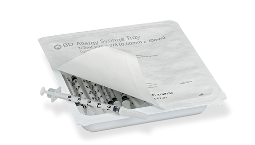BD Allergist Tray, ½mL, Permanently Attached Needle, 27G x 3/8", Intradermal Bevel, 25/tray, 40 trays/cs (Continental US Only) - 27G, 3/8"
