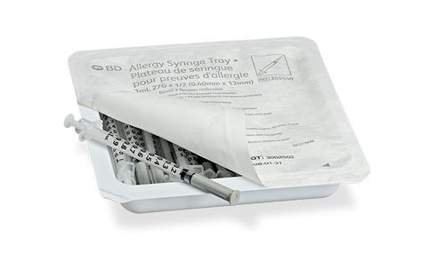 BD Allergist Tray, 1mL, Permanently Attached Needle, 27G x ½", Regular Bevel, 25/tray, 40 trays/cs (Continental US Only) - 27G