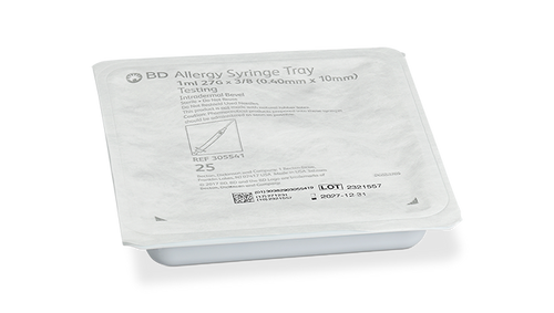 BD Allergist Tray, 1mL, Permanently Attached Needle, 27G x 3/8", Regular Bevel, 25/tray, 40 trays/cs (Continental US Only) - 27G, 3/8"