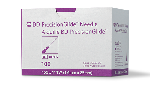 BD Needle, 16G x 1" Regular Bevel, Sterile, 100/bx, 10 bx/cs (Continental US Only) - 16G, 1"