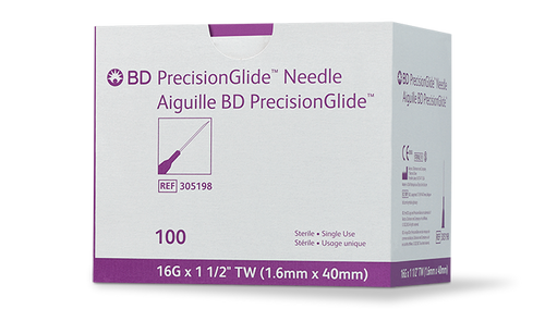 BD PRECISIONGLIDE™ Needle, 16G x 1½" Regular Bevel, Sterile, 100/bx, 10 bx/cs (Continental US Only) - 16G, 1½"