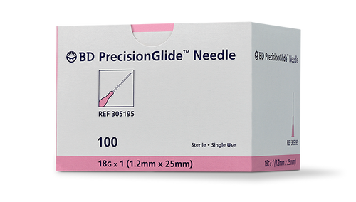 BD PRECISIONGLIDE™ Needle, 18G x 1", Regular Bevel, Sterile, 100/bx, 10 bx/cs (Continental US Only) - 18G, 1"